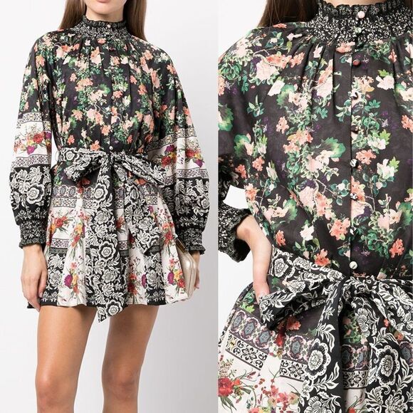 NWT Alice + Olivia Size 6 Janis Floral Mock Neck Mini Dress Dream Castle Multi - Picture 1 of 13